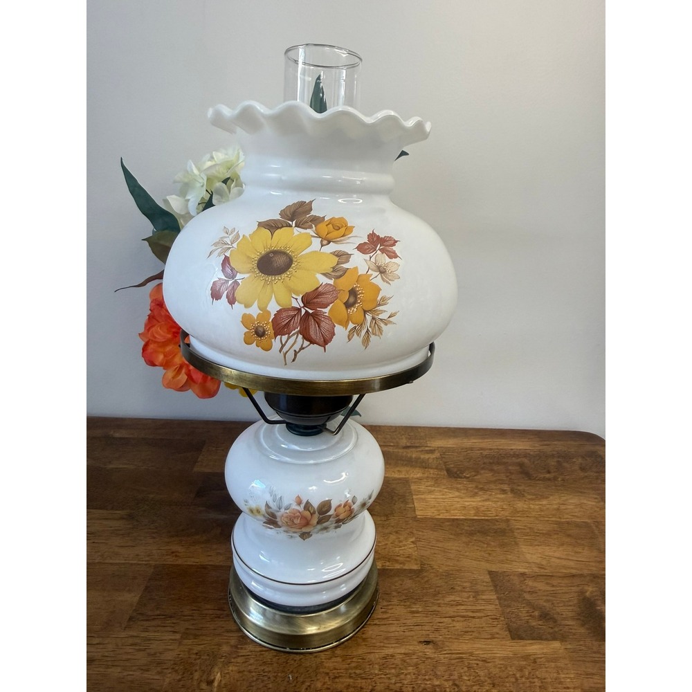 Vintage Milk Glass Hurricane Lamp Floral Shade Electric Table Lamp Brass‎ Base